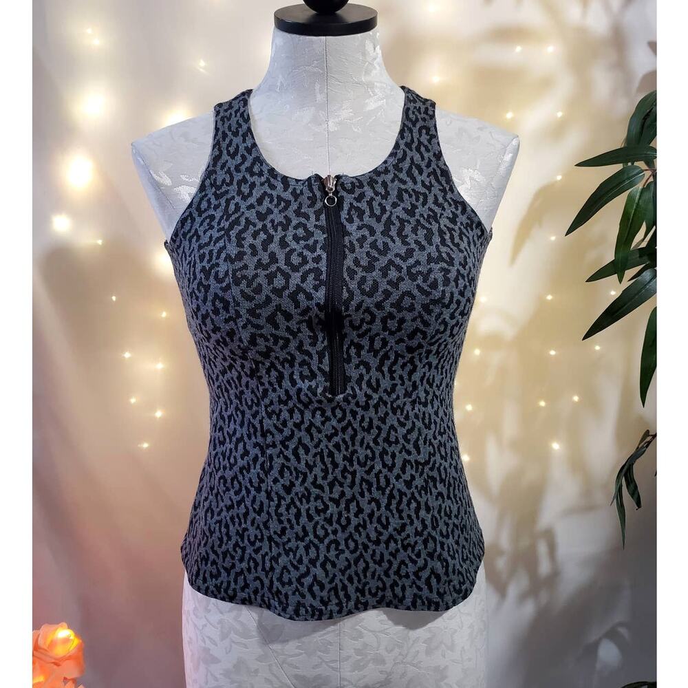 All That Jazz Women's 4 Vintage Leopard Print 1/2 Zip Gray/Black Knit Tank Top
